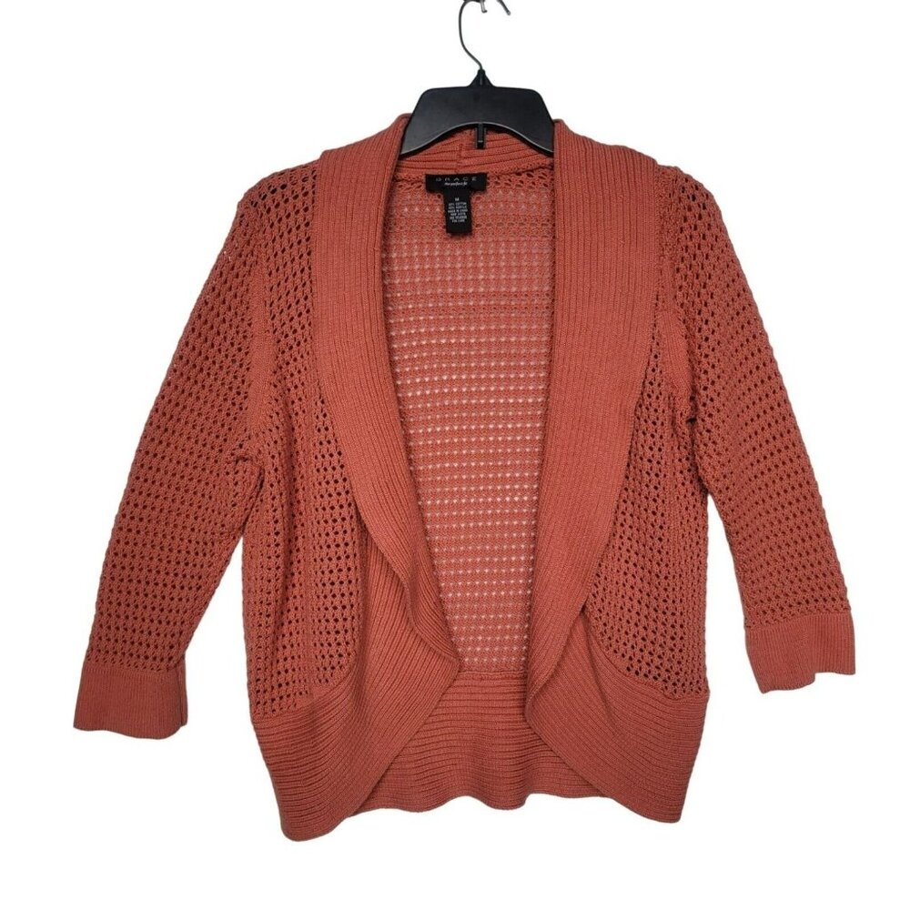 ⭐Womens Sweater Cardigan mesh knit Grace Elements Orange chunky 3/4 sleeve Sz M